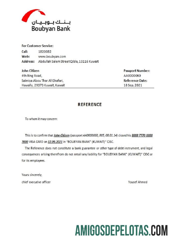 Referência de fechamento do Kuwait Boubyan exemplo